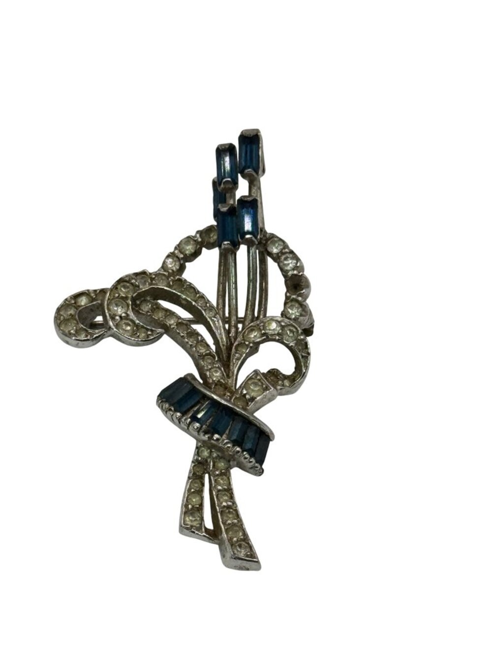Vintage Mazer Rhinestone & Blue Baguette Floral Brooch Pin 2" Silver-Tone READ
